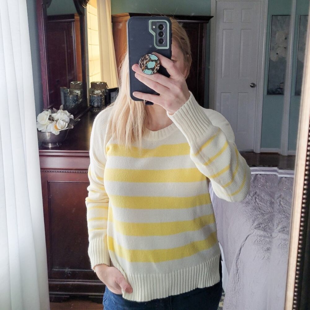 Lucky Brand Stripe Sweater XS XSmall Yellow, Cream Long Sleeve Relaxed Fit